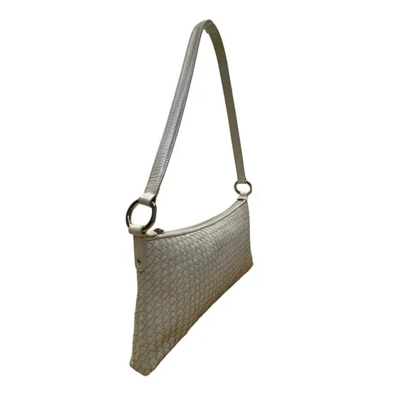 Alfani Womens White Leather Woven Zip Closure Designer Handle Shoulder Bag - Picture 3 of 14